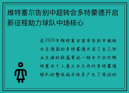 维特塞尔告别中超转会多特蒙德开启新征程助力球队中场核心 维特塞尔告别中超转会多特蒙德开启新征程助力球队中场核心
